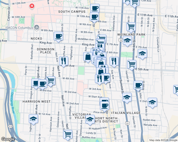 map of restaurants, bars, coffee shops, grocery stores, and more near 51 West 5th Avenue in Columbus