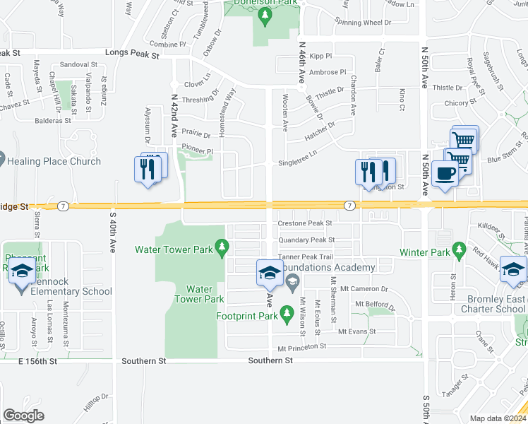 map of restaurants, bars, coffee shops, grocery stores, and more near 4405 Crestone Peak Street in Brighton