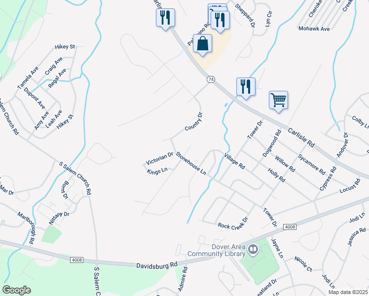 map of restaurants, bars, coffee shops, grocery stores, and more near 2543 Brownstone Court in Dover