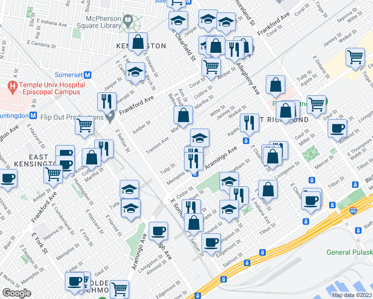 map of restaurants, bars, coffee shops, grocery stores, and more near 2917 Weikel Street in Philadelphia