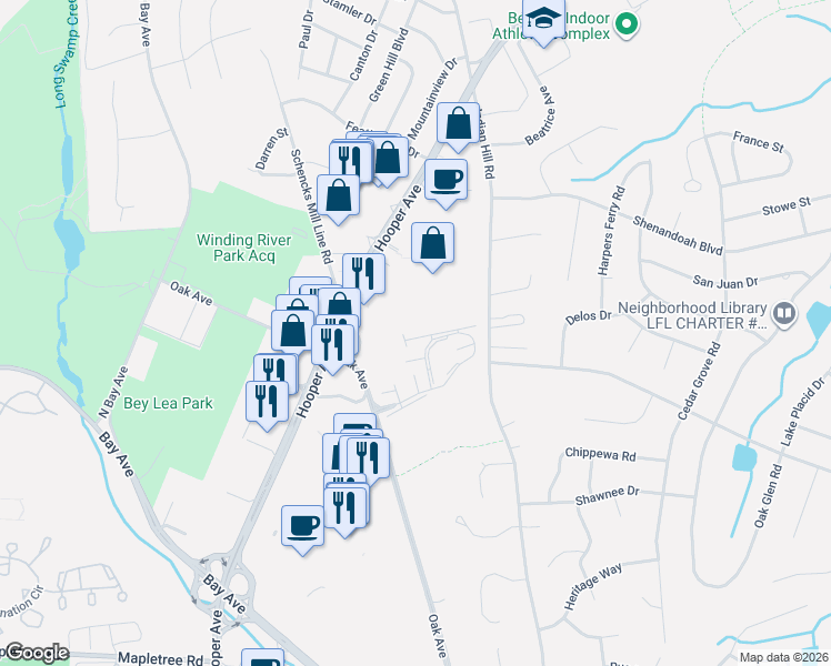 map of restaurants, bars, coffee shops, grocery stores, and more near 1307 King George Lane in Toms River