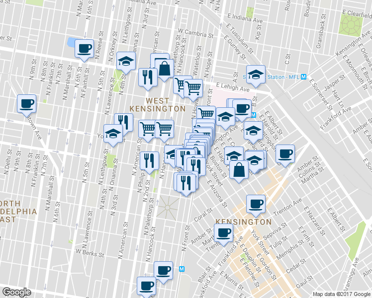 map of restaurants, bars, coffee shops, grocery stores, and more near 2400 North Howard Street in Philadelphia