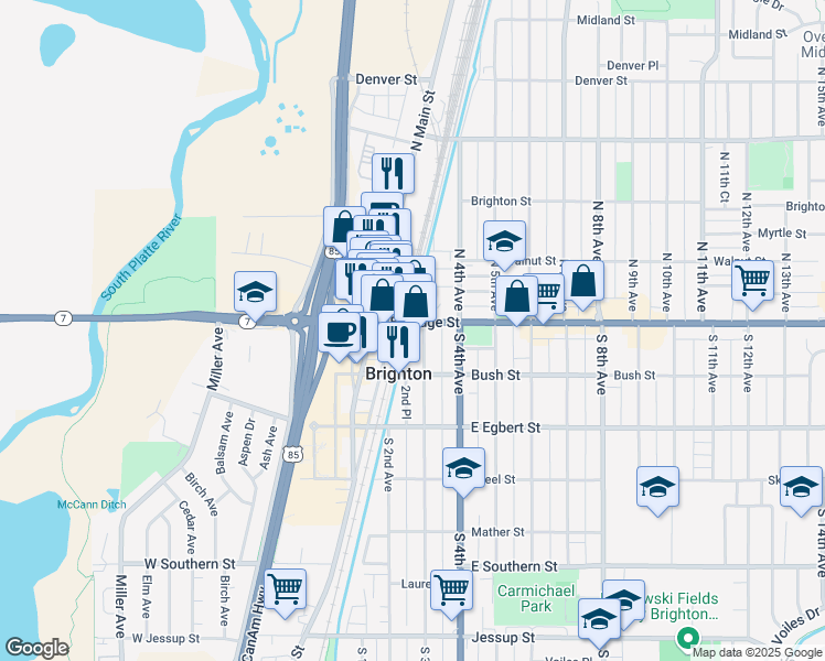 map of restaurants, bars, coffee shops, grocery stores, and more near 269 East Bridge Street in Brighton