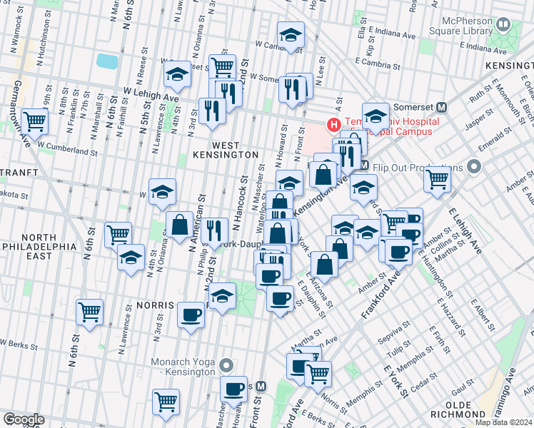 map of restaurants, bars, coffee shops, grocery stores, and more near 2400 North Howard Street in Philadelphia