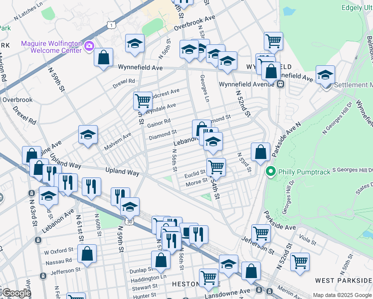 map of restaurants, bars, coffee shops, grocery stores, and more near 5444 Lebanon Avenue in Philadelphia
