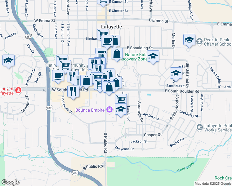 map of restaurants, bars, coffee shops, grocery stores, and more near 245 South Boulder Road in Lafayette