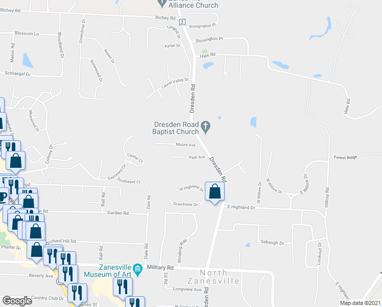 map of restaurants, bars, coffee shops, grocery stores, and more near 413 Park Avenue in Zanesville