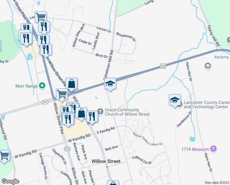 map of restaurants, bars, coffee shops, grocery stores, and more near 222 Willow Valley Lakes Drive in Willow Street