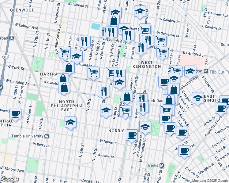 map of restaurants, bars, coffee shops, grocery stores, and more near 2332 North Leithgow Street in Philadelphia