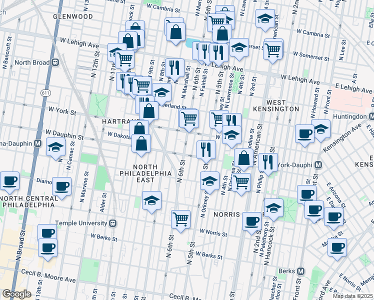 map of restaurants, bars, coffee shops, grocery stores, and more near 2313 North 6th Street in Philadelphia