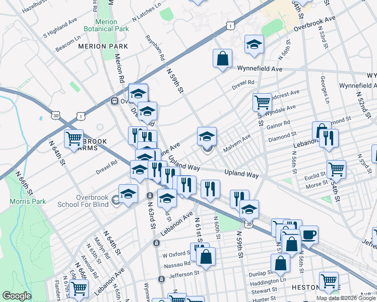 map of restaurants, bars, coffee shops, grocery stores, and more near 5939 Woodcrest Avenue in Philadelphia