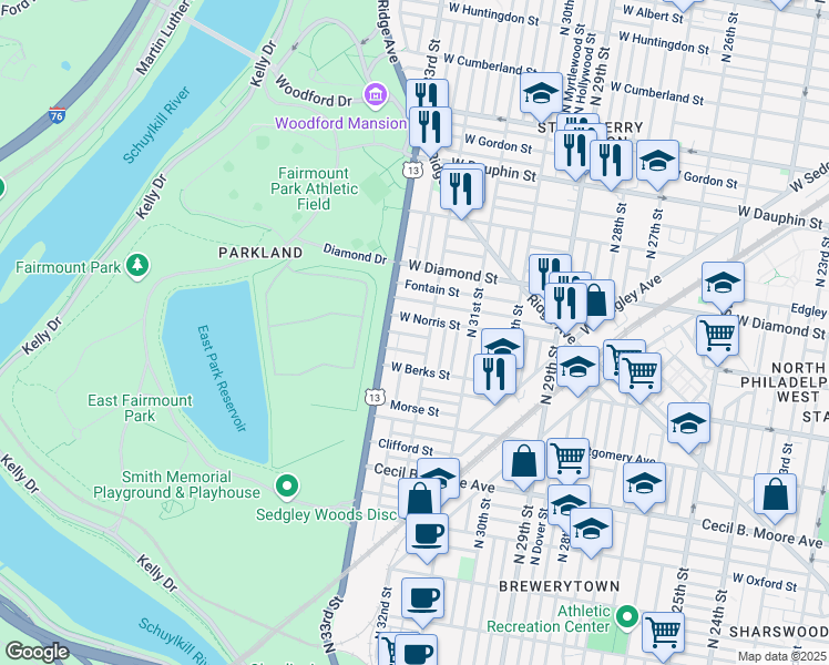 map of restaurants, bars, coffee shops, grocery stores, and more near 3217 Arlington Street in Philadelphia