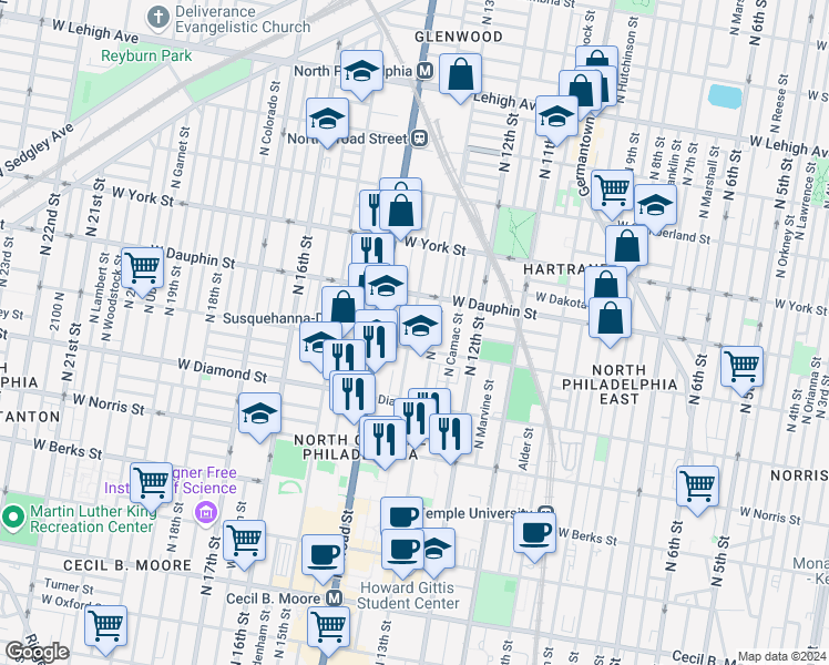 map of restaurants, bars, coffee shops, grocery stores, and more near 2217 North Park Avenue in Philadelphia