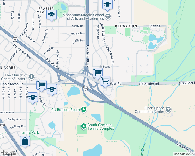 map of restaurants, bars, coffee shops, grocery stores, and more near 50 South Boulder Circle in Boulder