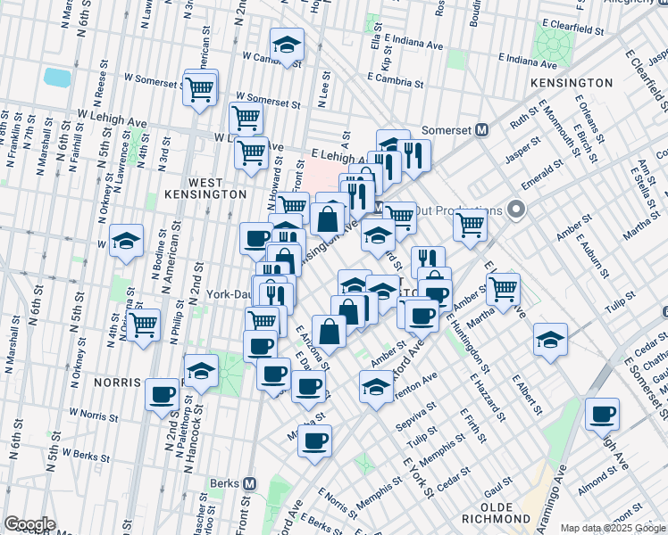 map of restaurants, bars, coffee shops, grocery stores, and more near 1847 East Letterly Street in Philadelphia