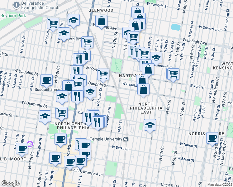 map of restaurants, bars, coffee shops, grocery stores, and more near 1102 West Nevada Street in Philadelphia