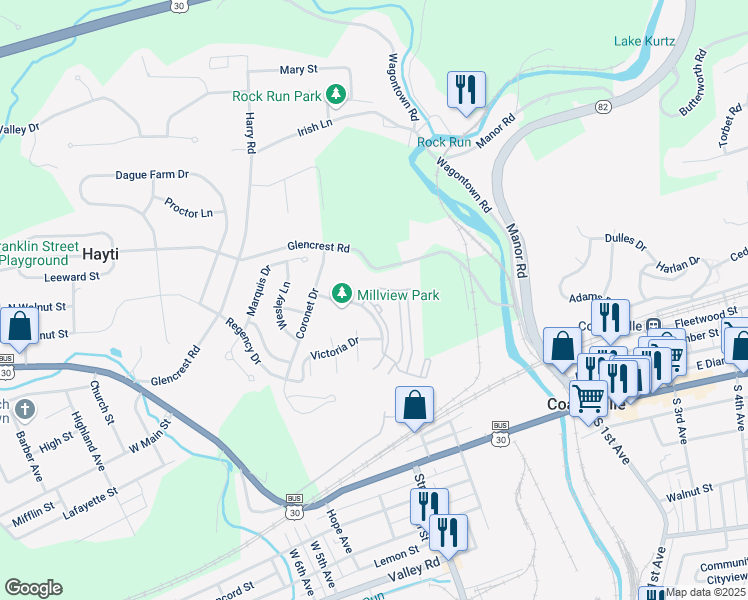 map of restaurants, bars, coffee shops, grocery stores, and more near 100 Cobblestone Drive in Coatesville