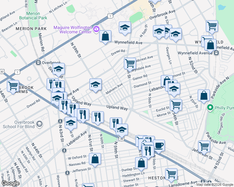 map of restaurants, bars, coffee shops, grocery stores, and more near 2135 North Wanamaker Street in Philadelphia
