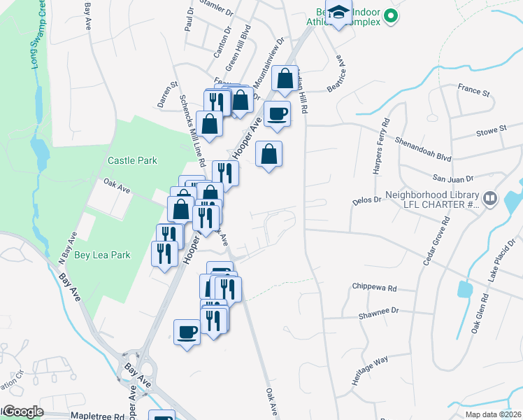 map of restaurants, bars, coffee shops, grocery stores, and more near 1307 King George Lane in Toms River