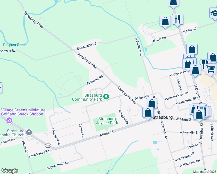 map of restaurants, bars, coffee shops, grocery stores, and more near 139 Robert Evans Way in Strasburg