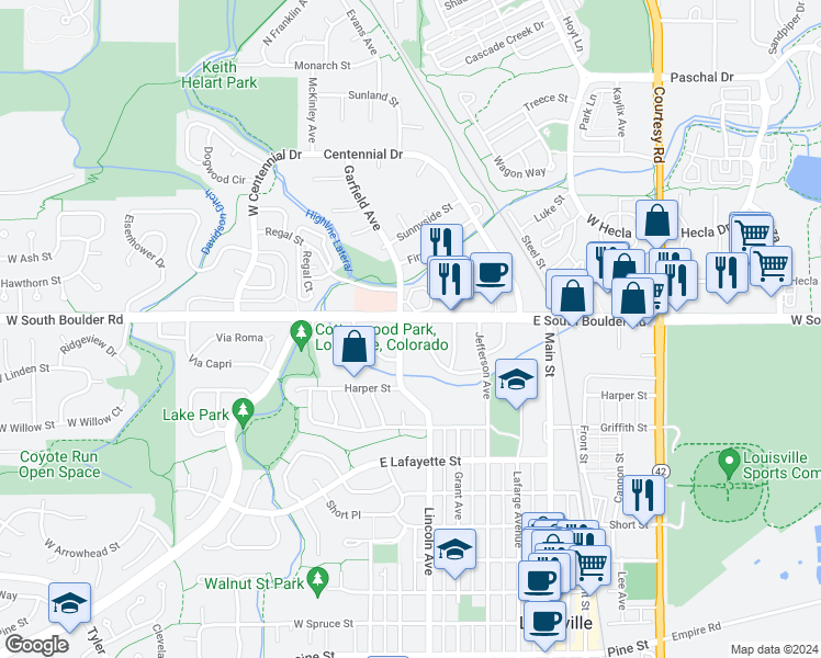 map of restaurants, bars, coffee shops, grocery stores, and more near 1700 Garfield Avenue in Louisville