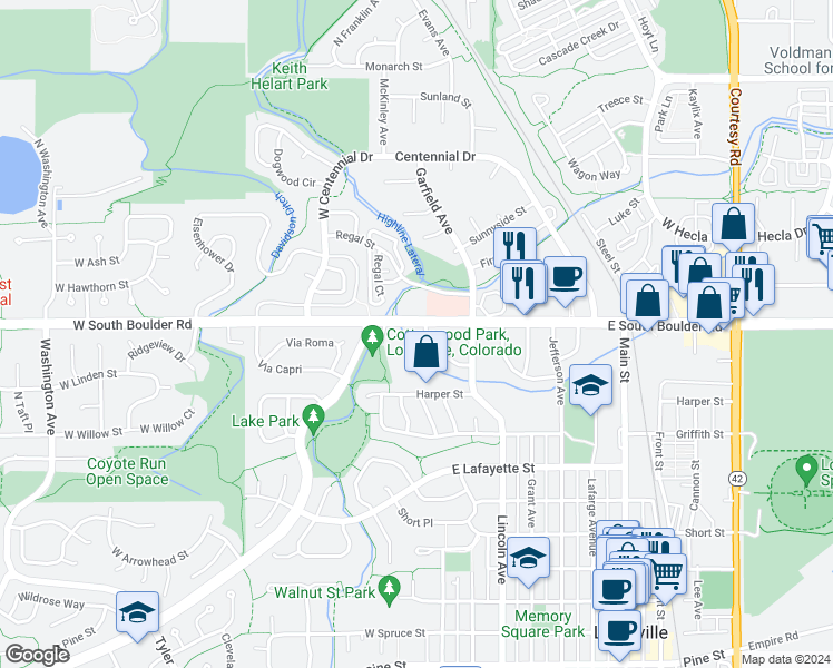 map of restaurants, bars, coffee shops, grocery stores, and more near 323 West South Boulder Road in Louisville