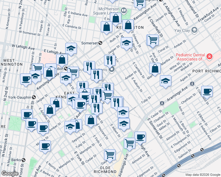map of restaurants, bars, coffee shops, grocery stores, and more near 2037 East Lehigh Avenue in Philadelphia