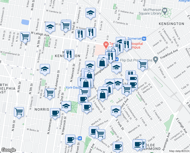 map of restaurants, bars, coffee shops, grocery stores, and more near 2449 Kensington Avenue in Philadelphia