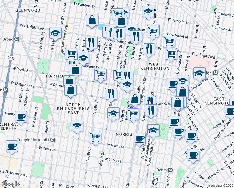 map of restaurants, bars, coffee shops, grocery stores, and more near 2321 North Orkney Street in Philadelphia