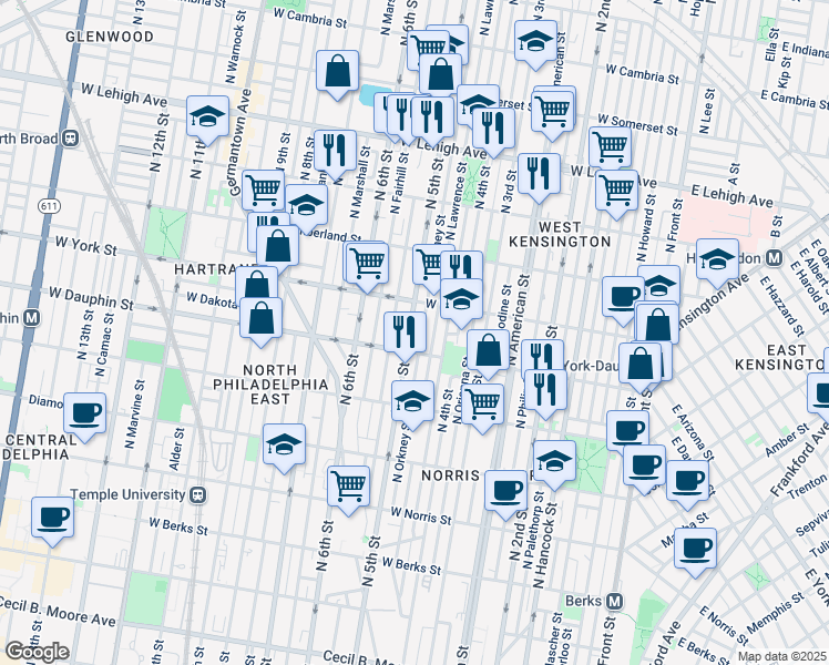 map of restaurants, bars, coffee shops, grocery stores, and more near 2319 North 5th Street in Philadelphia