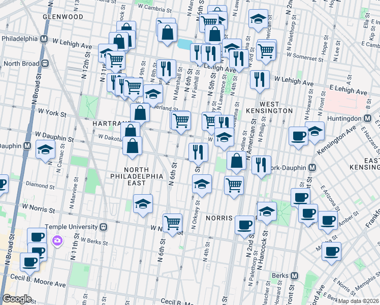 map of restaurants, bars, coffee shops, grocery stores, and more near 2337 North Fairhill Street in Philadelphia