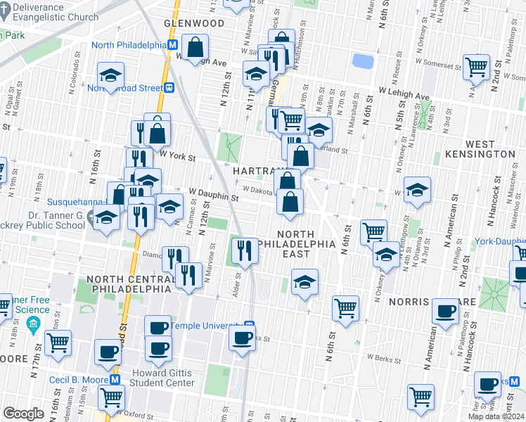 map of restaurants, bars, coffee shops, grocery stores, and more near 935 West Dauphin Street in Philadelphia