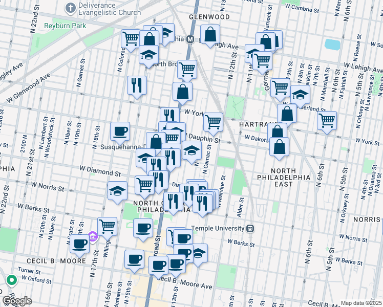 map of restaurants, bars, coffee shops, grocery stores, and more near 2239 North Park Avenue in Philadelphia