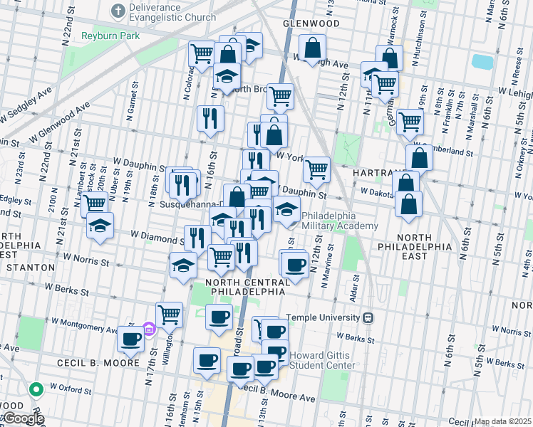map of restaurants, bars, coffee shops, grocery stores, and more near in Philadelphia