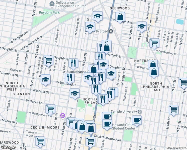 map of restaurants, bars, coffee shops, grocery stores, and more near 1421 West Susquehanna Avenue in Philadelphia