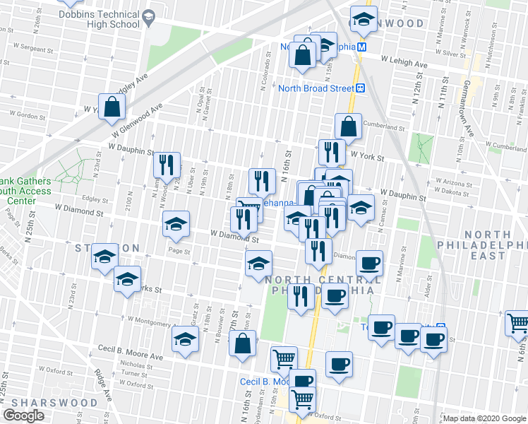 map of restaurants, bars, coffee shops, grocery stores, and more near in Philadelphia