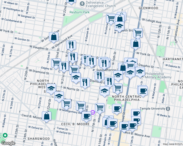 map of restaurants, bars, coffee shops, grocery stores, and more near 1828 West Susquehanna Avenue in Philadelphia