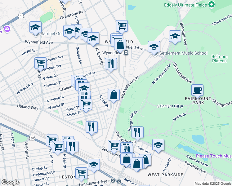 map of restaurants, bars, coffee shops, grocery stores, and more near 1923R North 52nd Street in Philadelphia