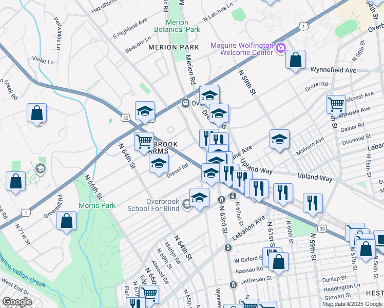 map of restaurants, bars, coffee shops, grocery stores, and more near 6300 Sherwood Road in Philadelphia
