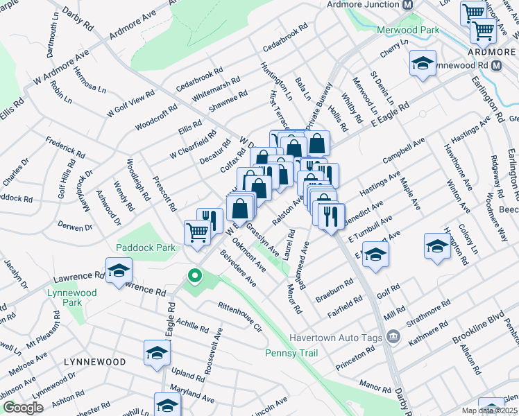 map of restaurants, bars, coffee shops, grocery stores, and more near 35 West Eagle Road in Havertown