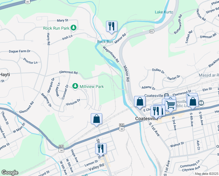 map of restaurants, bars, coffee shops, grocery stores, and more near 1410 Brick Row in Coatesville