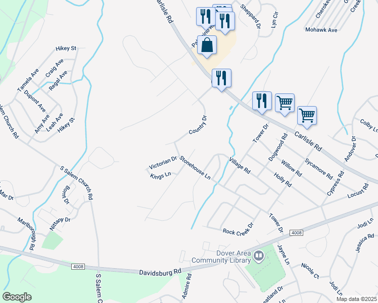 map of restaurants, bars, coffee shops, grocery stores, and more near 2543 Brownstone Court in Dover