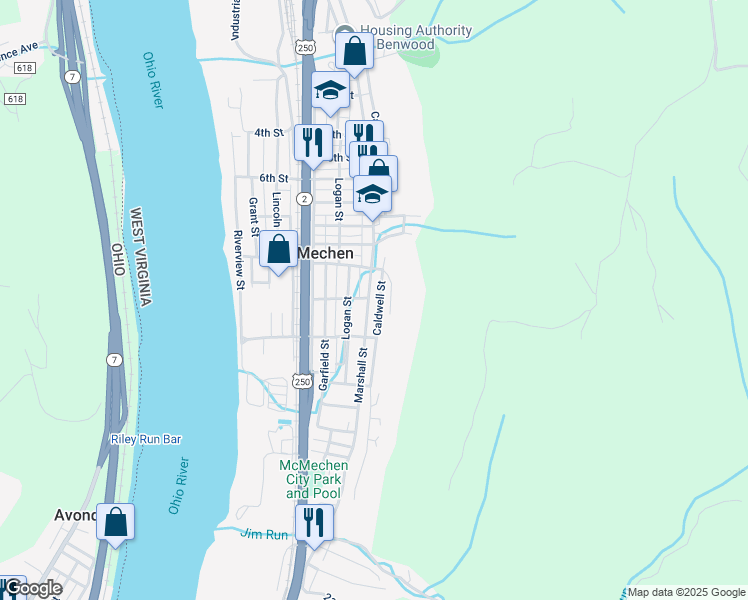 map of restaurants, bars, coffee shops, grocery stores, and more near 1008 Caldwell Street in McMechen