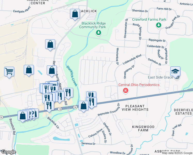 map of restaurants, bars, coffee shops, grocery stores, and more near 180 Macfalls Way in Blacklick