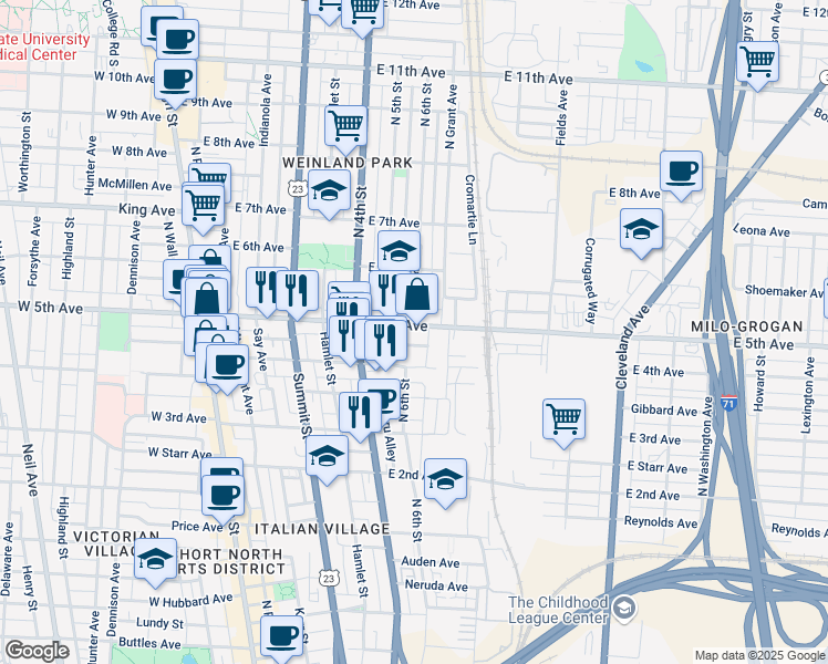 map of restaurants, bars, coffee shops, grocery stores, and more near 266 East 5th Avenue in Columbus