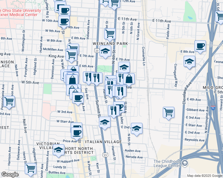 map of restaurants, bars, coffee shops, grocery stores, and more near 1186-1190 East 4th Avenue in Columbus