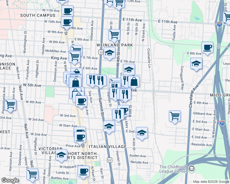map of restaurants, bars, coffee shops, grocery stores, and more near 1186-1190 East 4th Avenue in Columbus