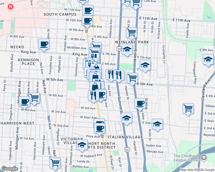 map of restaurants, bars, coffee shops, grocery stores, and more near 51 East 5th Avenue in Columbus