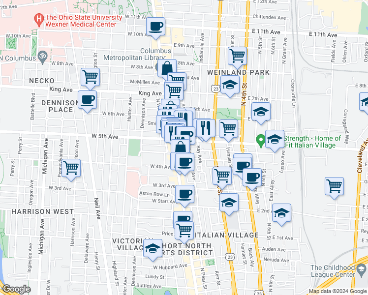 map of restaurants, bars, coffee shops, grocery stores, and more near 51 East 5th Avenue in Columbus