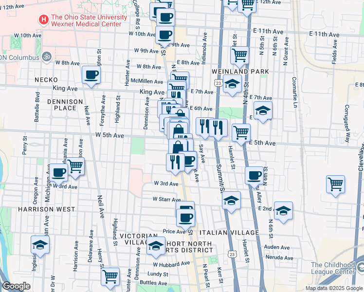 map of restaurants, bars, coffee shops, grocery stores, and more near in Columbus